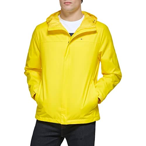 Image of Tommy Hilfiger Men's Lightweight Breathable Waterproof Hooded Rain Jacket Raincoat, Cyber Yellow, L