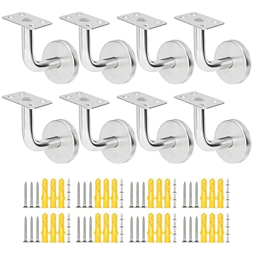 Image of AKOLAFE 8 PCS Stair Handrail Brackets, Heavy Duty Banister Rail Brackets, Wall Mounted Handrail, Stainless Steel Silver Hand Rail Holders for Horseshoe or Square Stair Handrail