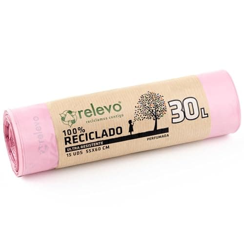 Image of Relevo Pink Drawstring Bin Liners - 30 L (W 55 cm x H 60 cm), 15 Bags per Roll | Scented & Extra Strong | 100% Recycled LDPE from Greenhouses | Certified (Blue Angel)