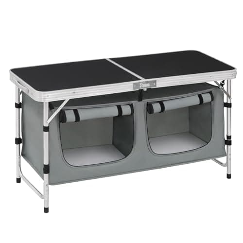 Image of WOLTU Folding Camping Cupboard Kitchen, Height Adjustable Aluminum Camping Table with Storage, Lightweight Picnic Table with Carry Handle for Outdoor Patio BBQ Party, Black + Grey