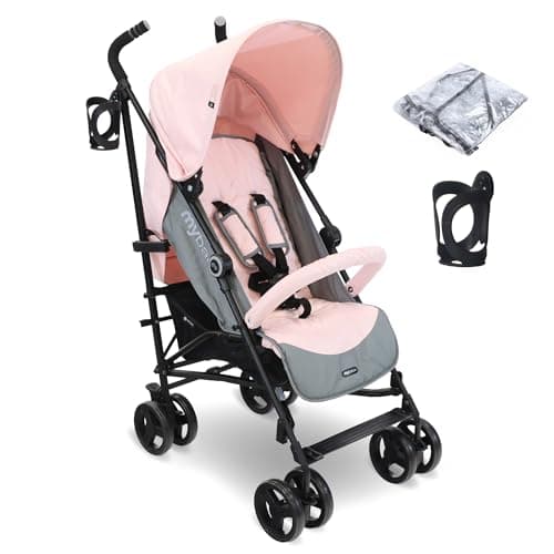 Image of My Babiie MB02 Plus Stroller - from Birth to 4 Years (22kg), Lightweight & Compact Umbrella Fold, Travel Buggy for Toddlers, Pushchair Includes Cup Holder and Rain Cover - Pink & Grey