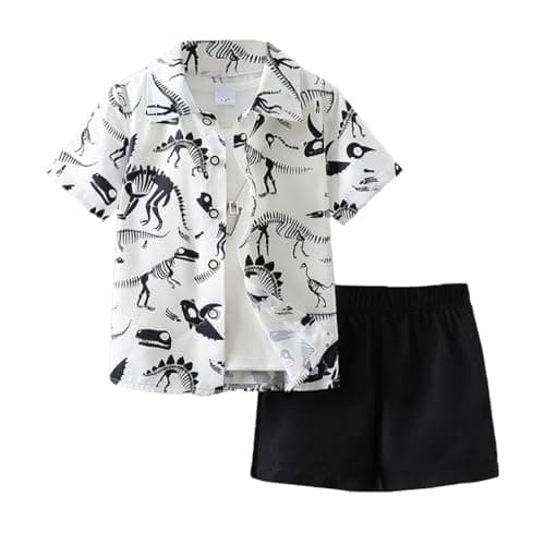 Image of OXUBOAO Boys Shorts Set Kids Short Sleeve Button Down Shirts Toddler Dinosaur Tees + Black Shorts Outfit (White,5-6T)