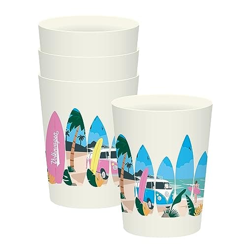 Image of Puckator VW Volkswagen Camper Bus Waves are Calling 4 Pc Picnic Cups 450ml Out of Rec' Plastic Bottles Plastic Tumblers Cups Reusable Camping Mugs Cups Set of Unbreakable Picnic Glasses for Adults