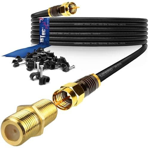 Image of 1STec 10m Long Black Gold Plated Male to Male Super Fast Virgin Media Webro RG6 Extension Cable with Female Joining Coupler for V6 TIVO Set Top Box or VIVID Fibre Super Hub Broadband Modems 10 Metre
