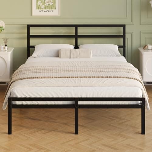 Image of Lutown-Teen Double Bed Frame with Headboard and Footboard, 30 cm High, Heavy Duty 4ft6 Metal Bed Frame Double with Steel Slats, Storage Space Underbed, Noise Free, Easy Assembly, Black