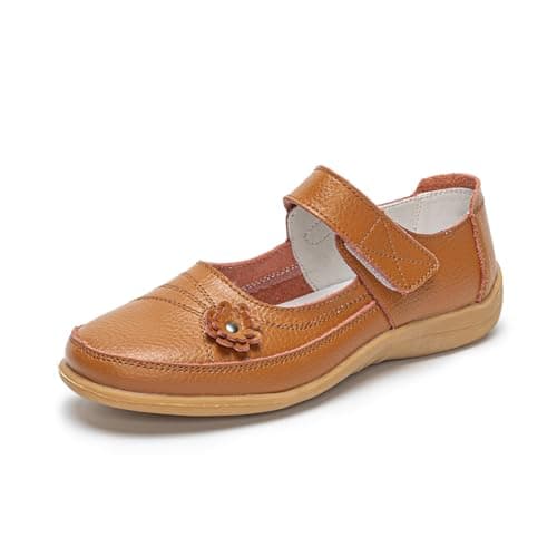 Image of Rusffes Womens Leather Mary Jane Shoes Ladies Wide Fit Flat Shoes Casual Work Office Nurse Shoes Orange Brown 3.5uk