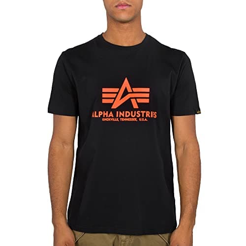 Image of ALPHA INDUSTRIES Men's Basic T Neon Print Short Sleeve Shirt, Black/neon orange, 3XL