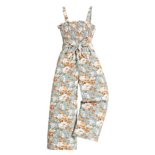 Image of Girls Sleeveless Jumpsuit Baby Romper Summer Cute Floral Print Overalls Rompers Loose Fit Bodysuit Playsuits with Spaghetti Strap and Pockets Casual Outfits Age 7-12 Years (Sky Blue, 11-12 Years)