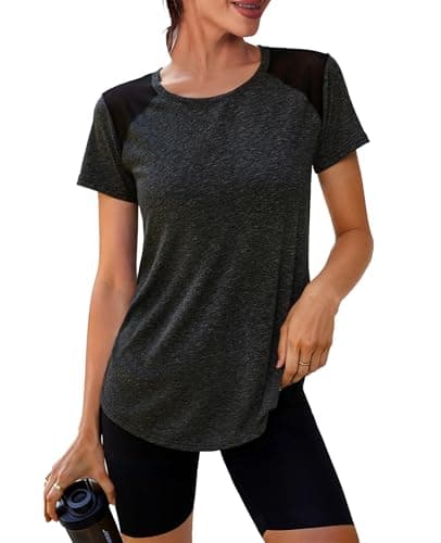 Image of Crewhpo Women's Gym Shirts Short Sleeve Sports T-Shirt Lightweight Moisture Wicking Quick Dry Back Mesh Activewear Tees Running Tops A-Black