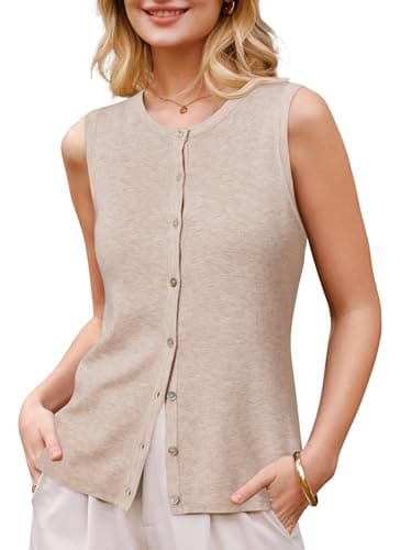 Image of Arach&Cloz Women's Tank Top Wool Blend Knitted Vest Tops with Functional Button Sleeveless Basic Casual Jumper(Apricot, L)