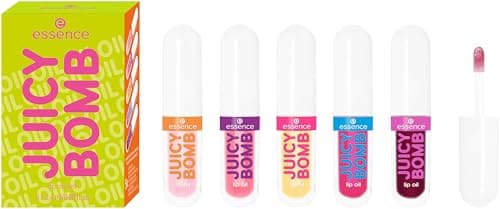 Image of essence JUICY BOMB lip oil set 02 POUT OF PARADISE, Lippenöl-Set aus 5 Shades, tropischer Duft, glänzendes Finish, für gepflegte Lippen, 5×2,4ml