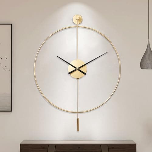 Image of TickTime Classical Large Decorative Wall Clock with Pendulum, Modern Non-Ticking Silent Metal Wall Clocks for Living Room, Bedroom, Study, Office, 24in/60cm(Gold)