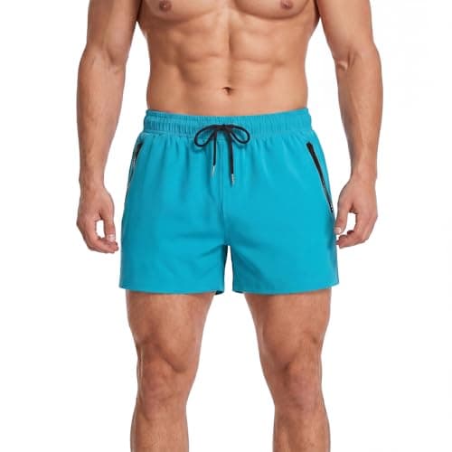 Image of Donason Men's Swim Trunks Quick Dry Swimming Running Shorts Mens Beach Board Shorts Breathable Gym Sports Shorts with Mesh Lining and Zipper Pockets (Peacock Blue, L)