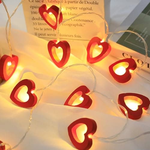 Image of Satiskid Warm White Wooden Heart String Lights, 1.5m 10 LED Battery Powered Fairy Lights for Valentine's Day Wedding Mother's Day Anniversary Decor, Indoor Decorative String Lights (Red)
