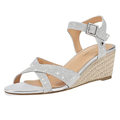 Image of PIZZ ANNU Womens Wedge Sandals Elegant Crossover Ladies Ankle Strap Mid Heel Open Toe Strappy Summer Shoes Silver Size 6.5