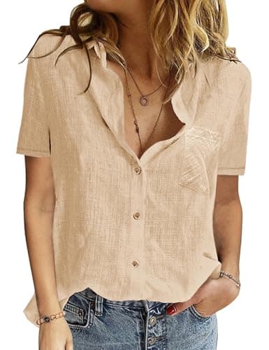 Image of Yuson Girl Womens Blouse Shirt Ladies Summer Tops Elegant V-Neck Casual Short Sleeve Shirts Cotton Blouse T Shirts Classic Button Down Blouses Tops(A-Beige, L)