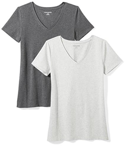 Image of Amazon Essentials Women's Regular-Fit Short-Sleeve T-Shirt (Crewneck and V-Neck Options), Pack of 2, Charcoal Heather/Light Grey Heather, L