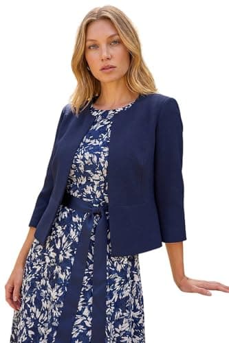 Image of Roman Originals Cropped Bolero Jacket for Women UK Ladies Wedding Guests Shrug Jacquard Tailored Fitted Blazer Smart Work Formal Evening Short Round Collar 2 Pockets - Plain Navy - Size 14
