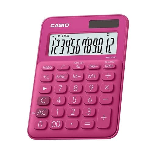 Image of Casio MS-20UC Desk Calculator Big Button Pink Plastic LCD Display Profit Margin Tax & Time Calculation Large Buttons Solar Battery Powered Ideal for Office, School & Business