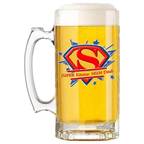 Image of Klassek Super Man Super Dad Your Name Man Personalise Beer Mug Tankard 16floz 470ml Comic Book Style