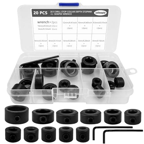 Image of 20 Pcs Drill Bit Depth Stop Collar Ring Positioner Locator 10 Specifications Woodworking Drill Bit Set Limit Ring Black with Hex Wrench for Drill Drilling(3/4/5/6/8/9/9.5/10/12/16 mm)