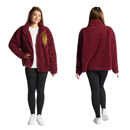 Image of OHS Womens Teddy Fleece Jacket Full Zip Up, Lightweight Warm Cosy Sweatshirt Casual Long Sleeve Winter Ultra Soft Full Zip Up Coat for Travelling Outdoor Hiking, Maroon - S/M