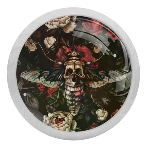 Image of lcndlsoe Red Rose Skull Hawk Moth Patterns 4 PCS Crystal Glass Cabinet Knobs, Drawer Kitchen Cabinets Dresser Cupboard Wardrobe Pulls Handle - Glowing in The Dark