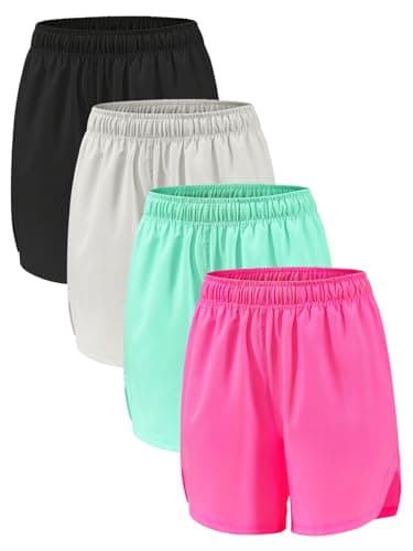 Image of Orrfreer 4 Pack Girls Athletic Shorts,Sports Shorts 6-14 Years Teen Kids Running Cycling Basketball Short for Girls with Drawstring & Pockets Black/Grey/Green/Hot Pink XL