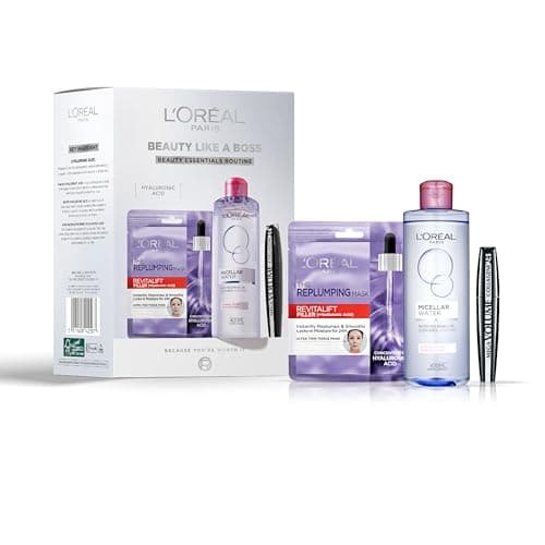 Image of L'Oreal Paris Beauty Like a Boss Giftset, Skincare Routine Powered by Hyaluronic Acid; Micellar Water + Replumping Tissue Mask + Mega Volume 24hour Collagen Mascara, Prep & Glow Everyday
