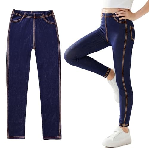 Image of Tokeya Girls Jeggings Jeans-Look Leggings Kids Full Length Tights Trousers Denim Skinny Fit Stretchy Leggings Pants with Pockets for Outdoor Casual Wear for Children 9-10 Years, Navy Blue