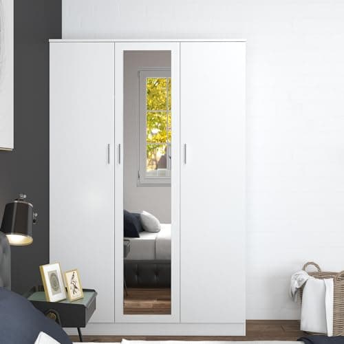 Image of Panana 3 Doors Mirrored Wardrobe for Bedroom Bedroom Furniture Robe with 6 Storage Compartments, Hanging Rail, 115.4 x 50 x 180 cm (White)