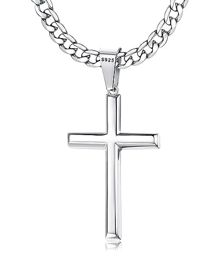 Image of Chriscoco 925 Sterling Silver Cross Pendant Necklace for Men Women 5mm Stainless Steel Diamond-Cut Durable Cuban Link Chain Crucifix Necklace Polished Beveled Edge Cross Chain Necklace Jewelry 46CM