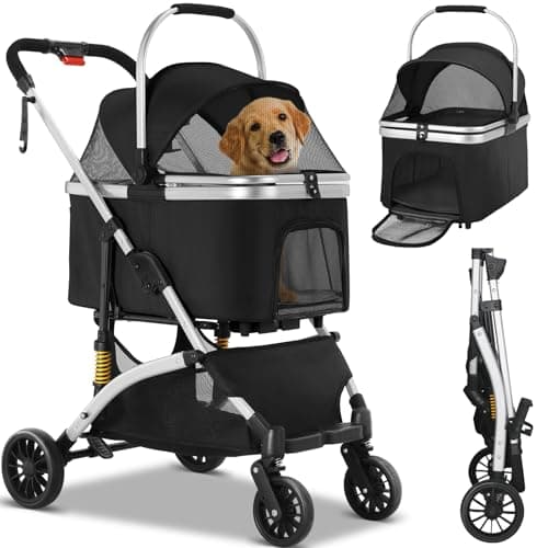 Image of Foldable Pet Stroller - 3 in 1 Dog and Cat Pushchair with Storage Basket Net Window Cup Holder - 360° Wear-Resistant Rubber Wheels Travel Carrier for Small Pets (Silver Black)