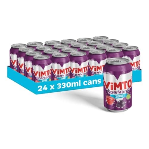 Image of Multipack Vimto Fizzy Zero 330ml x 24 Original Real Fruit, Blackcurrant, Grape & Raspberry- Sugar Fizzy Fruity No Added Sugar Soft Drinks Suitable for Vegetarian and Vegans