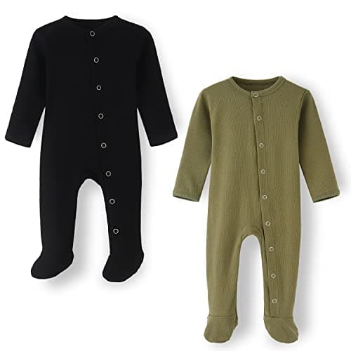 Image of BINIDUCKLING Baby Sleepsuit Cotton Footed Pajamas with Mitten Cuffs, Snap-Up Soft Baby Sleepwear Onesies Grows 0-3 Months, Black and Army Green