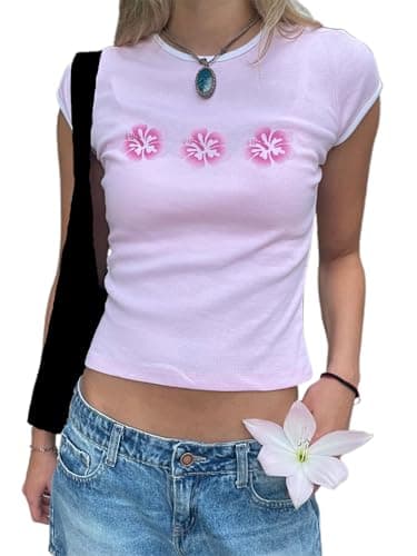 Image of Y2k Graphic Baby Tees Women Teen Girl Casual Floral Print Short Sleeve Round Neck Slim Fit T Shirt Ladies Lightweight Summer (A-Pink, L)