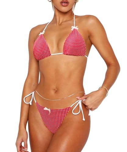 Image of Women Two Piece Gingham Bikini Sets Cute Y2k Halter String Triangle Bikini Swimsuit Bathing Suit Swimwear Red XS