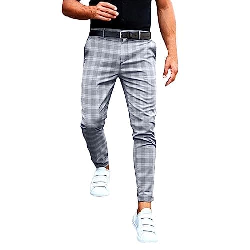 Image of Mens Checked Trousers Slim Fit Tapered Leg Plaid Dress Pants Fashion Straight Leg Business Casual Bottoms Stretch Office Work Daily Smart Slacks with Pockets A-Light Grey XL