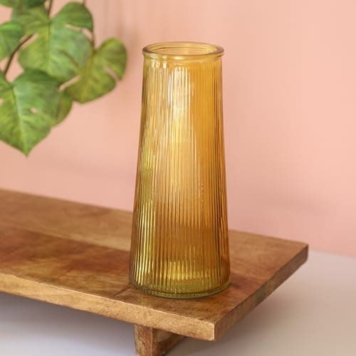 Image of Tall Ribbed Glass Flower Vase Rustic Home Decor 22cm, 9inch Cylinder Glass Planter For Centerpieces Tabletop Shelf Sitter Home Decorative Gift (Yellow)