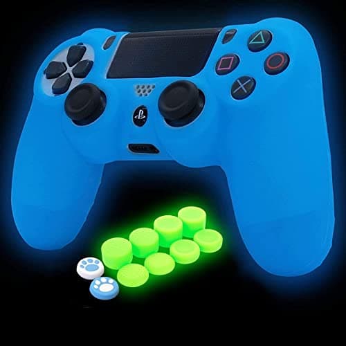 Image of HLRAO Blue PS4 Controller Skin Silicone Grip Glow in Dark Protective Case for PS4/Slim/Pro 4 Controller with 8 Glow in The Dark Thumb Grips Caps + 2 Cute Cat Paw Thumb Grips Caps.