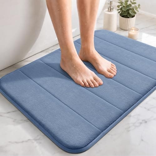 Image of Yimobra Memory Foam Bath Mat Large Size, Soft and Comfortable, Super Water Absorption, Non-Slip, Thick, Machine Wash, Easier to Dry for Bathroom Floor Rug, Blue, 43 x 61 cm