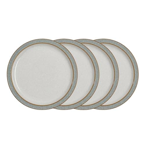 Image of Denby - Elements Medium Light Grey Plates Set of 4 - Dishwasher Microwave Safe Crockery 22cm - Pale Grey, White Ceramic Stoneware Tableware - Chip & Crack Resistant Lunch Plates