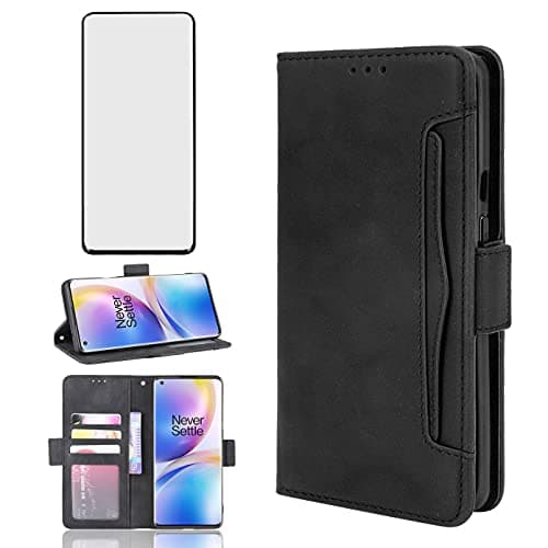 Image of Phone Case for OnePlus 9 OnePlus9 5G Wallet With Tempered Glass Screen Protector Card Holder Slot Stand Kickstand Leather Cell Accessories One Plus9 On 1 Plus 1plus One+ 1+ 1+9 Nine Women Men Black