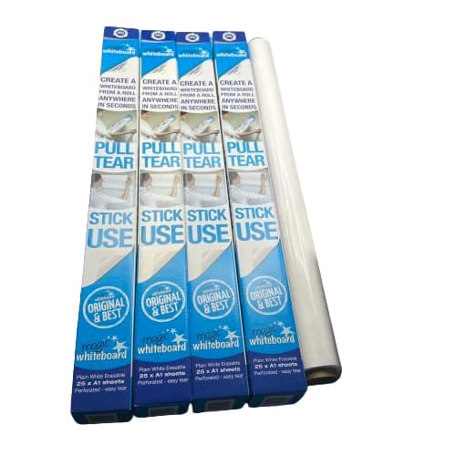 Image of 4 Rolls of Magic Whiteboard - Plain White 25 Perforated A1 Sheets. Static & Portable White Board for Walls, Doors, Windows. Sticks to Any Flat Surface. Write on with Any Dry Erase Marker - Easy Clean