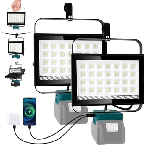 Image of NATPOW Cordless LED Work Light Compatible with makita 18V Battery, 2 Pack Flood Light up to 6500LM with Type C & USB, Portable Flashlight Job Site Lighting for Camping Fishing Emergency(No Battery)