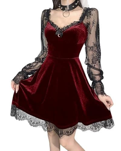 Image of DINGJIUYAN -Gothic Lace Short Dress -V Neck Half Moon -Corset Gothic Aesthetic- Plus Size Dress for Women - Lolita, Vampire & Emo Styles