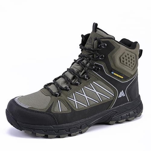 Image of Queday Men's Hiking Boots Waterproof Outdoor Lightweight Trekking Shoes Green Ankle High Boots Size 9.5