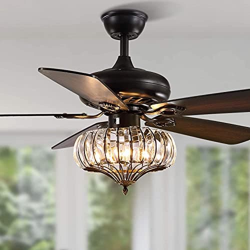 Image of KXEcoLife Ceiling Fans with Lights and Remote for Living Room Fandelier Vintage Lamps LED Crystal Lampshade Bedroom Lounge Dining Table Kitchen Island Motor Silent Reversible (Black, 48"