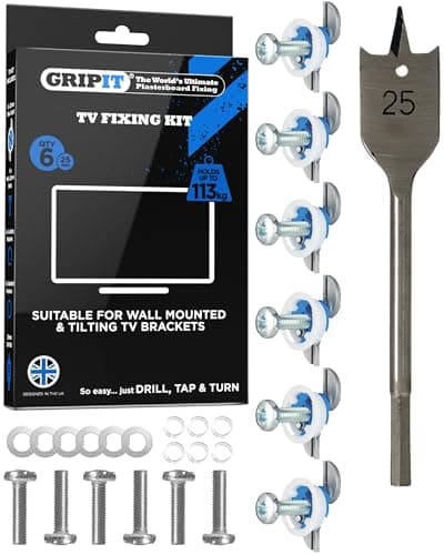 Image of Gripit Blue Heavy-Duty Plasterboard Fixings - TV Mounting Kit - Pack of 6 - Holds Up to 113kg - Reusable Drywall Anchor for TVs, Stud Walls, Kitchen Cupboards & Boilers – UK Designed