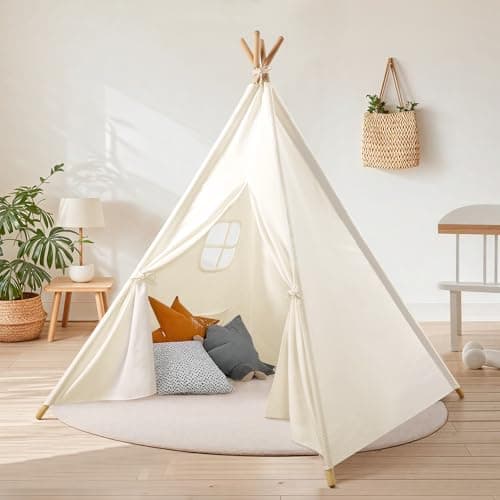 Image of Kids Teepee Tent Indoor: Toddler Tipi Play Tent Cotton Large with Storage Bag and Window Foldable Off-White Playhouse Toys House for Grils Boys Birthday Gift
